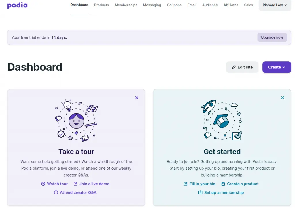 Sell online courses with Podia Dashboard
