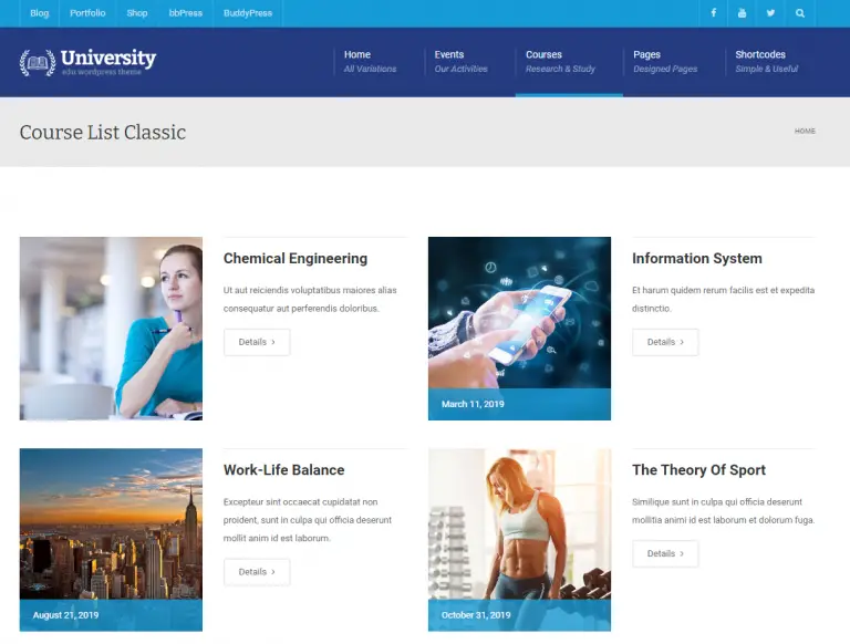 University WordPress LearnDash Theme Course List Page