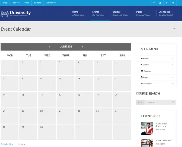University WordPress LearnDash Theme Events Calendar Page